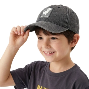 Close-up of kids denim baseball cap featuring white pixel dinosaur patch on charcoal grey