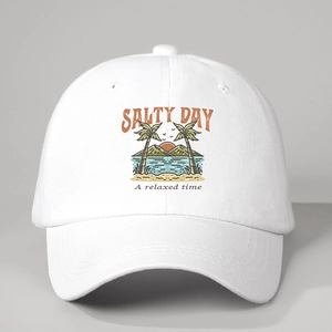 White baseball cap with SALTY DAY tropical print and adjustable back strap