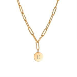 Gold paperclip chain necklace featuring a round pendant engraved with letter E for women