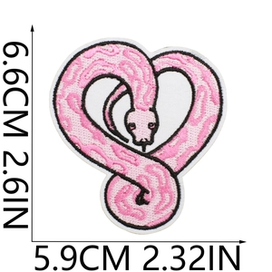 Pink heart embroidery patch with python snake motif and detailed dimensions 6.6x5.9cm