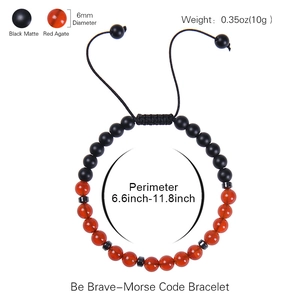 Adjustable Morse code bracelet with 6mm matte black beads and red agate for strength