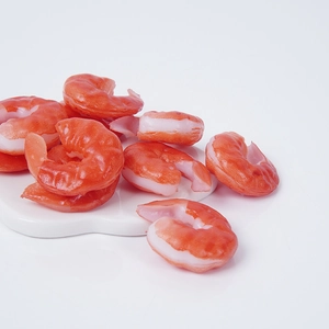 Realistic PVC shrimp meat model on white ceramic plate for food prop display