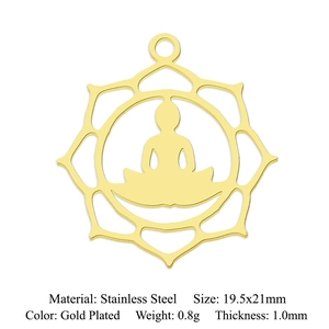 Detail of gold plated stainless steel lotus yoga pendant with precise size and weight specs