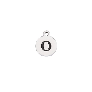 Close-up of a silver stainless steel round pendant with engraved letter O detail