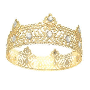 Luxurious vintage baroque king crown in gold finish with sparkling crystals on white background