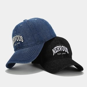 Vintage washed denim baseball caps with 3D embroidery in navy blue and black