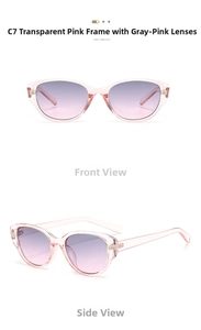 Vue de face et de profil de lunettes de soleil œil de chat avec monture rose translucide