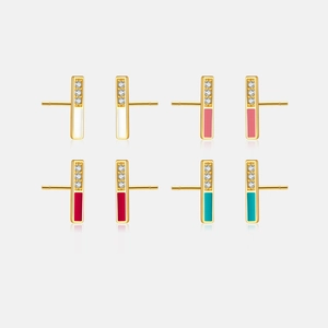 925 Sterling Silver Earring Post Linear Bar Stud Earrings For Women Gold Plated Rhinestone Enamel Geometric Jewelry Accessory