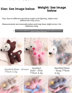 Detailed view of felt spotted deer ornaments in pink, brown and grey, 7x8cm size