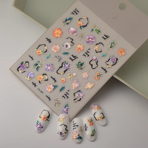 Minimalist floral nail stickers with gold stamping and purple flowers for manicure art