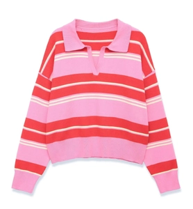 Close-up of knit polo collar and striped texture on red, pink, and beige sweater
