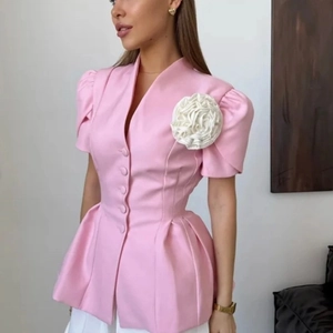 Chemisier Élégant À Col En V Pour Femmes Manches Bouffantes Courtes Décoration Florale 3D Taille Peplum Haut En Polyester