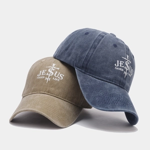 Vintage washed cotton baseball caps with cross and Jesus embroidery in khaki and blue