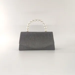 Elegant dark grey glitter evening clutch bag with pearl handle and vertical texture