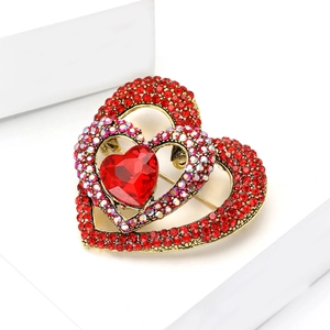 Fashion alloy hollow heart brooch with red rhinestones and gemstones for women