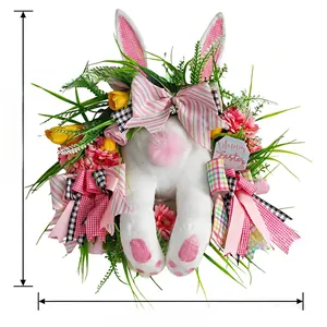 Easter bunny wreath detail with plush rabbit ears, spring flowers, and Happy Easter sign