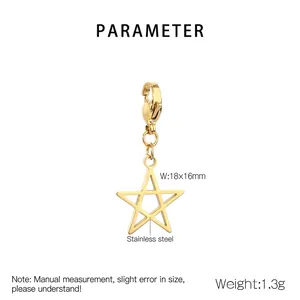 Detailed view of a gold star charm with lobster clasp, stainless steel, 18x16mm size