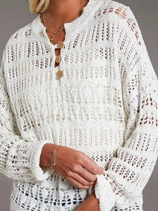 Bohemian white hollow knit long sleeve beach cover-up with decorative buttons