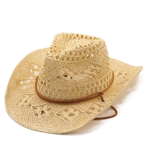 Cappello da cowboy in paglia intrecciata beige con cinturino per protezione solare esterna
