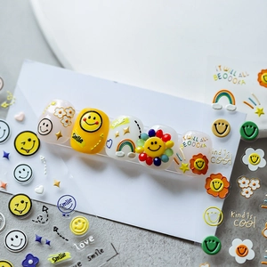 3D Embossed Nail Stickers Cartoon Smiley Face Rainbow Flower Relief Self Adhesive Decals DIY Cute Manicure Decoration
