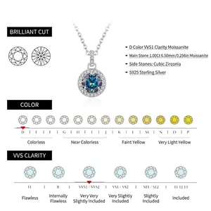 S925 sterling silver necklace with 1 carat D color VVS1 moissanite pendant on white background