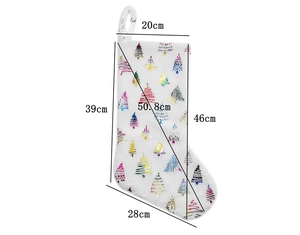 Detailed dimensions of white plush Christmas stocking with colorful foil tree patterns