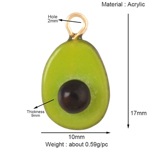Detail view of avocado acrylic fruit charm with 17mm height and 10mm width measurements
