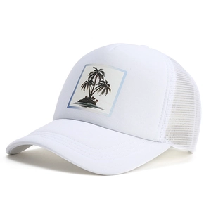 White breathable mesh trucker hat with tropical palm tree print for summer sun protection