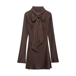 Vestito Mini In Raso Maniche Lunghe Collo Con Fiocco Patchwork In Mesh Bodycon Slim Fit Elegante Marrone Caffè Donne