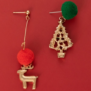 Detailed close-up of asymmetric Christmas earrings with plush balls and golden charms