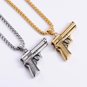 Retro stainless steel handgun pendant necklaces in gold and silver finishes