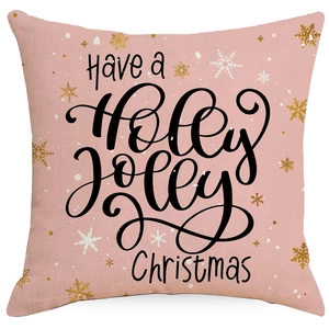 Pink Christmas pillowcase with gold snowflakes and Holly Jolly Christmas text design