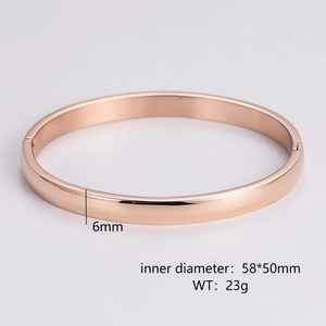 Polished rose gold bangle showing 6mm width, 58x50mm inner diameter and 23g weight