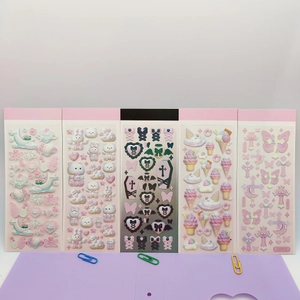 5-pack of 3D puffy stickers featuring cartoon bears, hearts, and butterflies in pastel colors