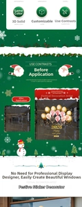 Close-up of golden Christmas window stickers with 3D effect and double-sided color