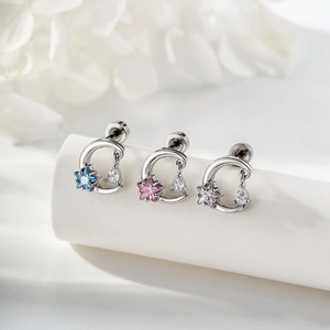 Crescent Moon Star Zircon Teardrop Pendant Ear Cartilage Stud Titanium Steel Post Threaded Screw Back Piercing Jewelry
