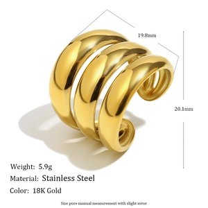 Bague ouverte à trois couches en acier inoxydable plaqué or 18 carats au design courbé