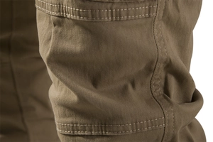 Macro detail of dark khaki cotton twill fabric with reinforced double stitching