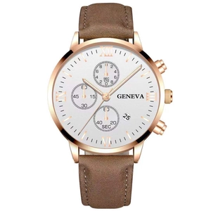 Detailed close-up of rose gold Geneva watch face with white dial and brown leather strap
