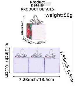 Detail view of foam Christmas gift box ornaments with snowflake patterns and dimensions