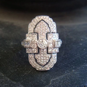 Vintage Art Deco geometric silver ring with micro-pave diamonds and round center zircon