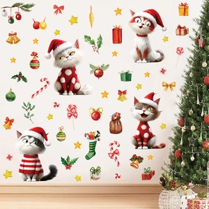 Christmas Cat Wall Window Stickers PVC Cartoon Animal Decals Removable Holiday Party Decor For Glass Mirrors Bedroom