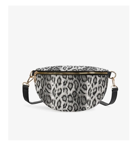 Detail of leopard print waist bag featuring a gold zipper and adjustable black strap