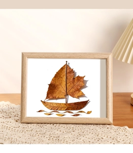 Macro view of a wooden shadow box frame featuring a creative dried leaf sailboat collage