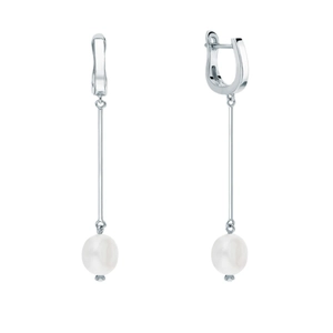 Elegant 925 silver drop earrings with natural freshwater pearls on a long vertical bar