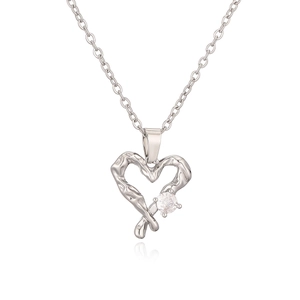 Minimalist silver-tone irregular heart pendant necklace with a round sparkling zircon stone