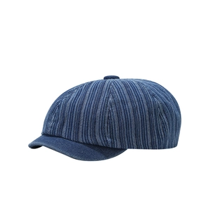 Blue striped denim baker boy hat for women with a vintage washed texture and casual style