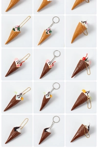 Variety of realistic mini ice cream cone keychains with diverse cream toppings