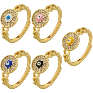 Trendy Copper 18K Gold Plated Evil Eye Open Ring For Women Adjustable Rhinestone Inlaid Braided Chain Band Finger Ring Jewelry