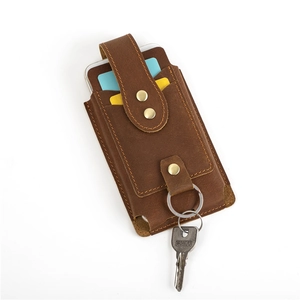 Vintage brown leather phone holster with card slots and metal keychain for men